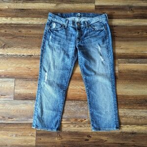 7 For All Mankind Cropped Straight Leg Distressed Short Low-Rise Jeans 31
